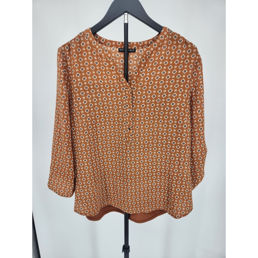 Sara Michelle Petite XL Blouse Rust Brown Geometric Roll Tab Sleeve Mixed Media
